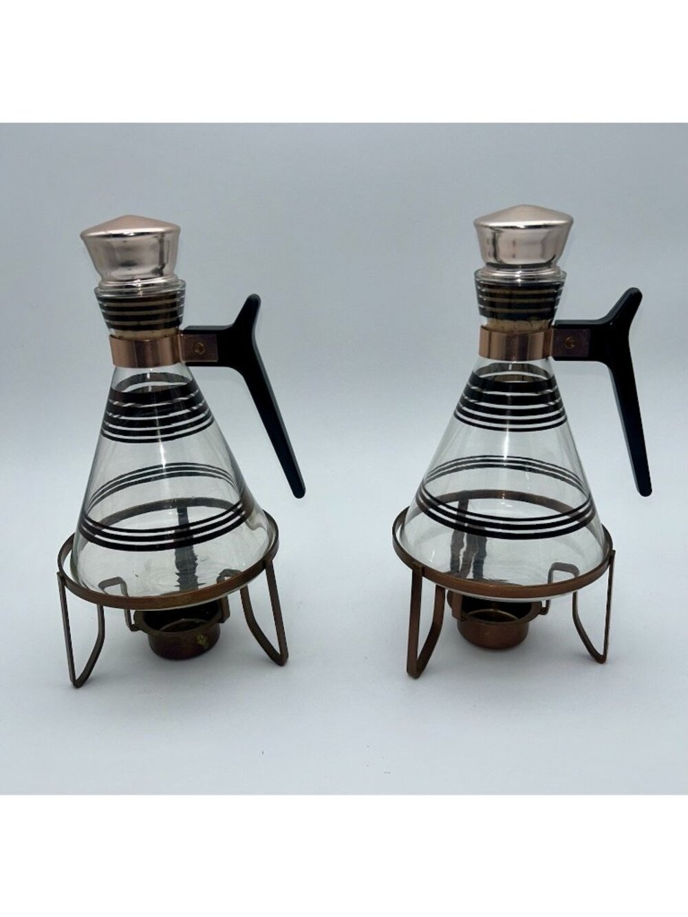 Inland Glass Vintage MCM Glass Carafe and Metal Copper Warmer Base-Set of 2